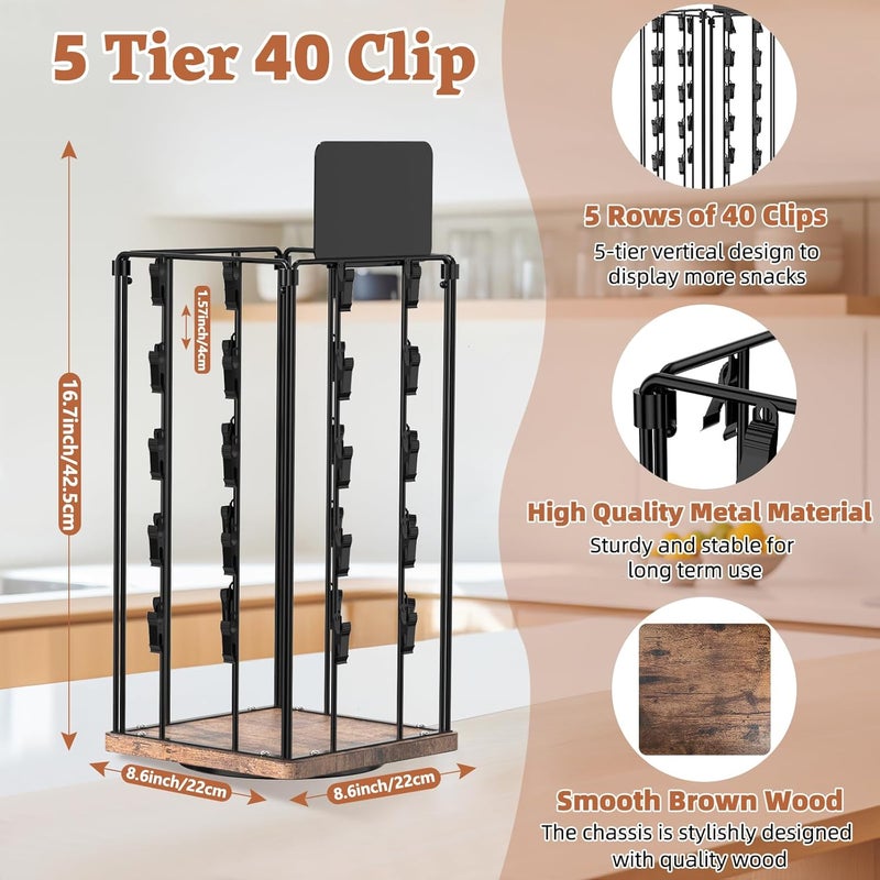 OFUSUY Chip Rack Display Stand, 5 Tiers 40 Clips Display Stand Easy Installation, 360°Rotating Wooden Base Chip Bag Holder for Concession Stand, Snack Organizer for Christmas Party, Retail(DarkWalnut) - Image 3